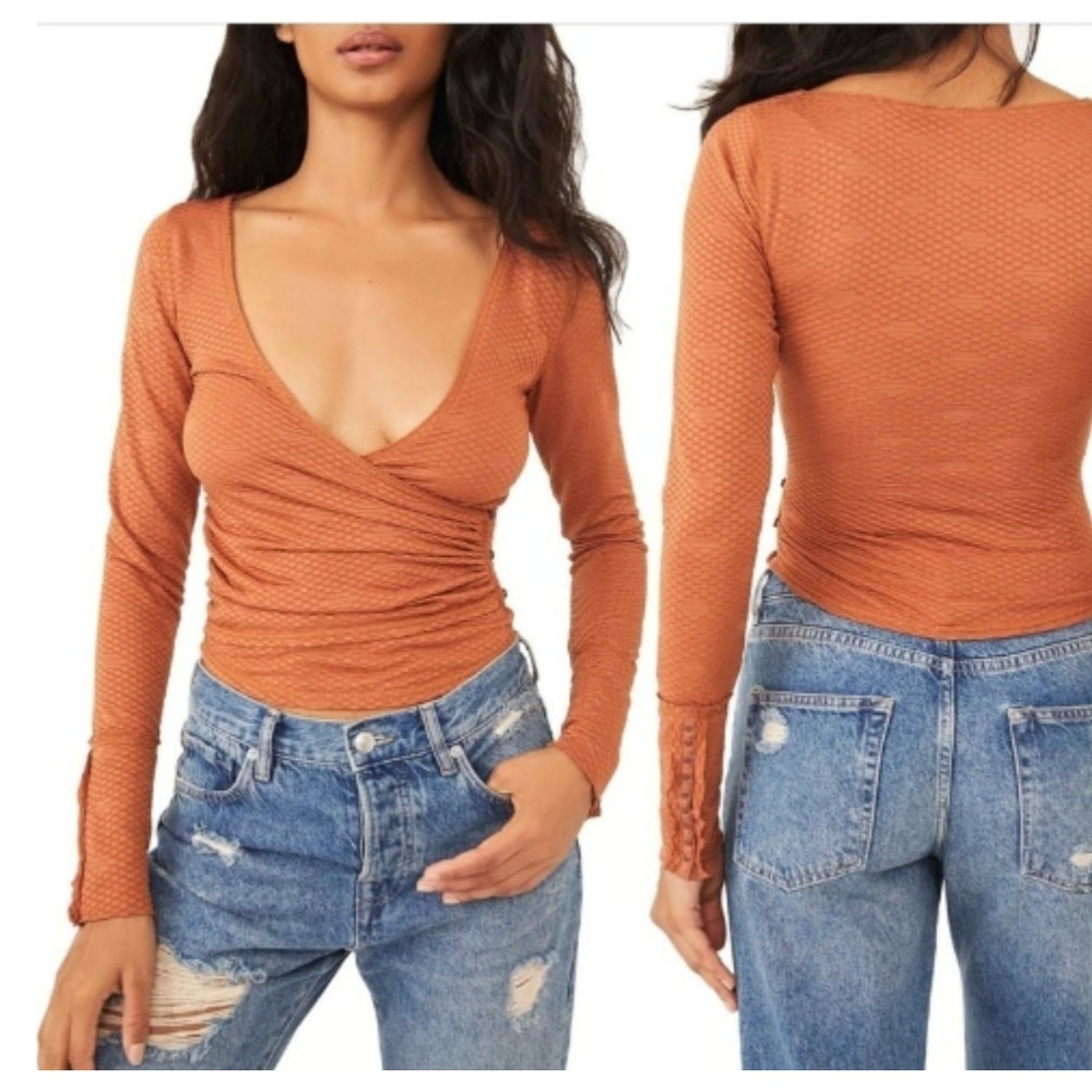 FREE PEOPLE Textured Ruched Cinch Wrap Top Rust Brown Boho Chic Hippie Size S‎